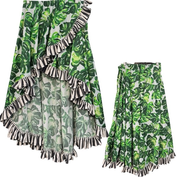 Caroline Constas Maxi High Low Skirt Palm Leaf Print Striped Ruffle Trim Size M - Picture 1 of 8